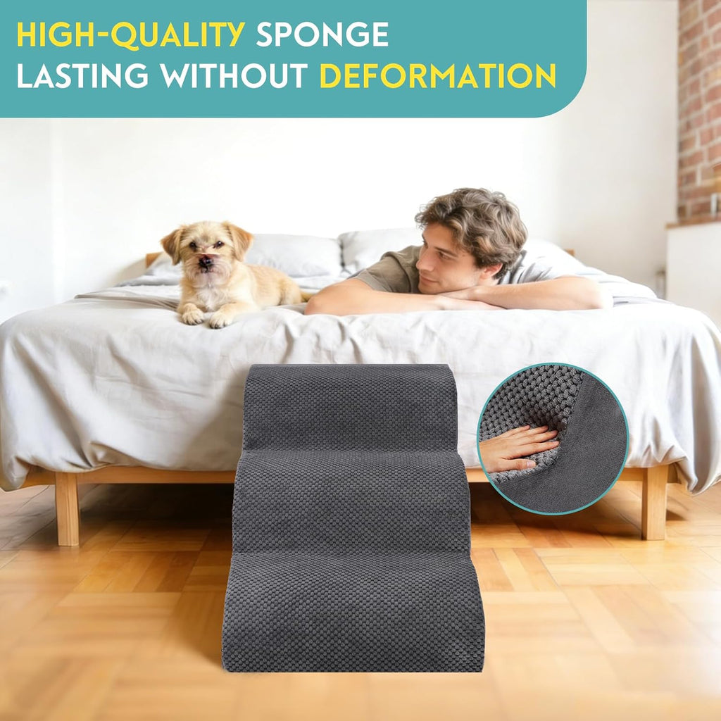Dog Stairs for Small Dogs 15.7" H, 30D High Density Whole Foam, Corduroy Fabric, Pet Stairs 3-Steps Ramp for Puppy, Older Cat, Non-Slip Bottom Dog Steps for Bed and Couch (Grey, 3-Step)