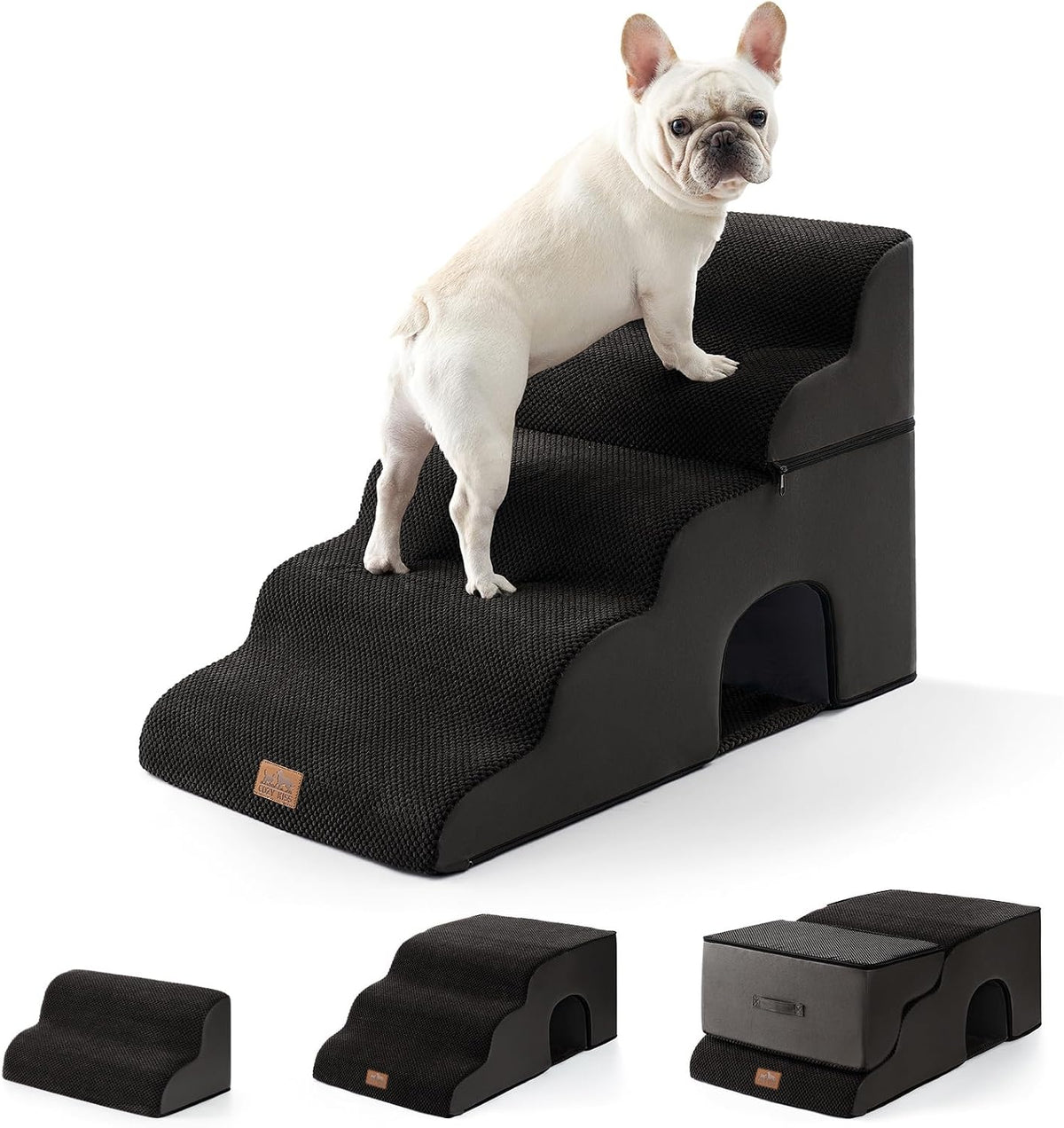 COZY KISS Extra Wide Small Dog Stairs with Tunnel, Pet Step for Bed, Black