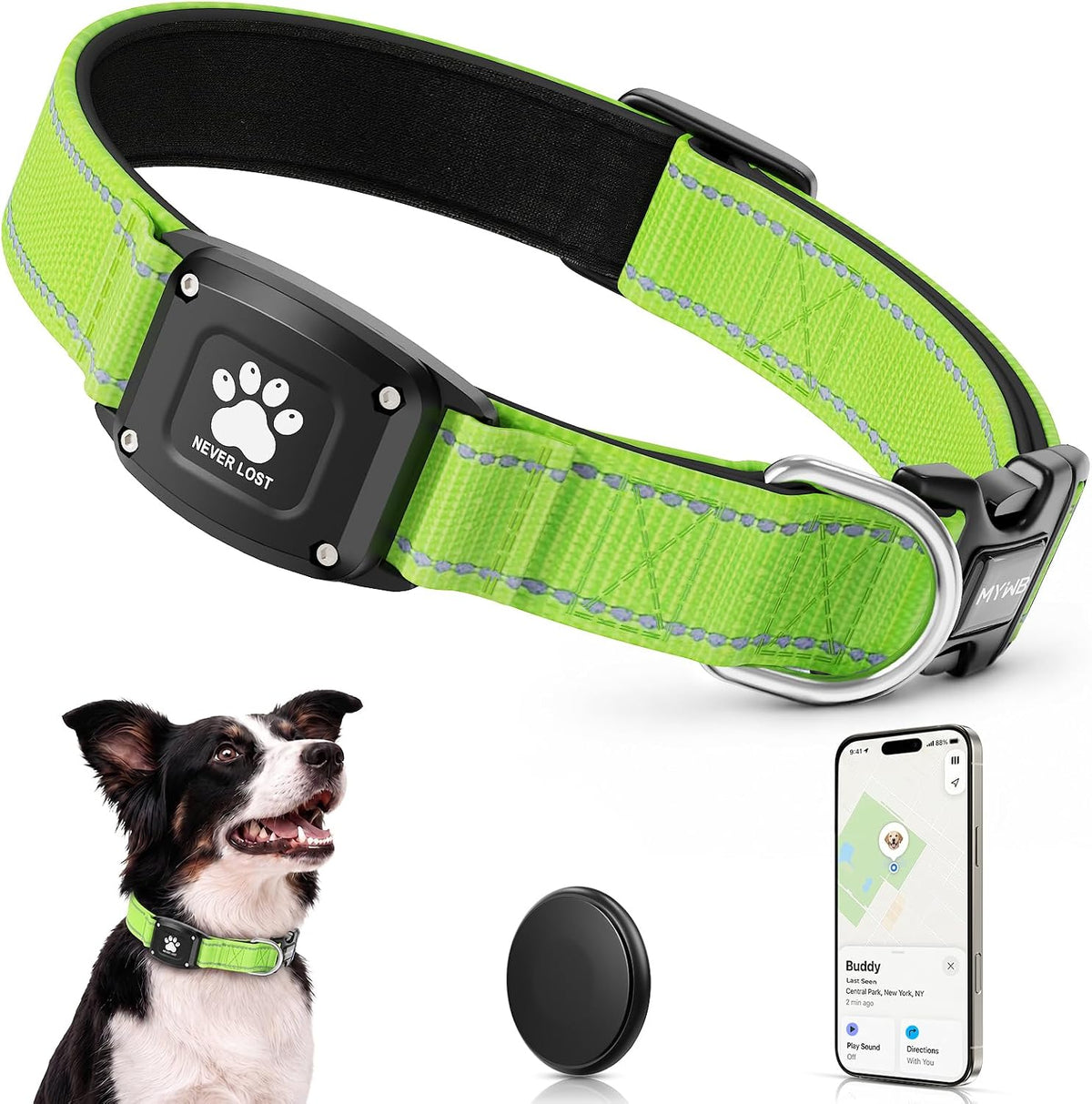 GPS Dog Collar with Tracker, Waterproof, No Monthly Fee, Green, XS