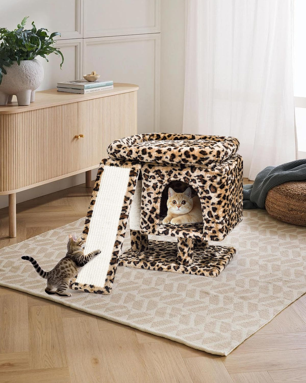 SYANDLVY Small Leopard Print Cat Tree with Perch for Indoor Cats, Cat Tower with Scratching Post, Modern Activity House for Large Cats, Condo with Board, Kittens Cave
