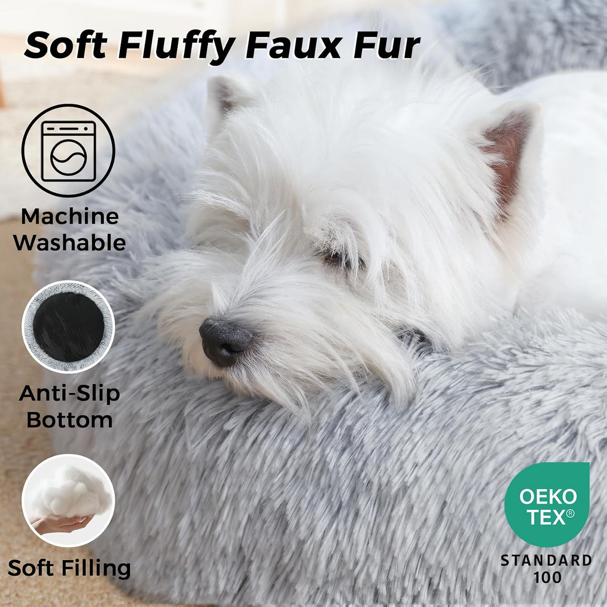 Calming Round Dog Bed & Cat Bed with Anti-Slip Bottom, Medium Size Washable Anti-Anxiety Donut Dog Beds for Small Dogs & Cats, Fluffy Plush Soft Dog Bed(24 Inch, Light Grey)