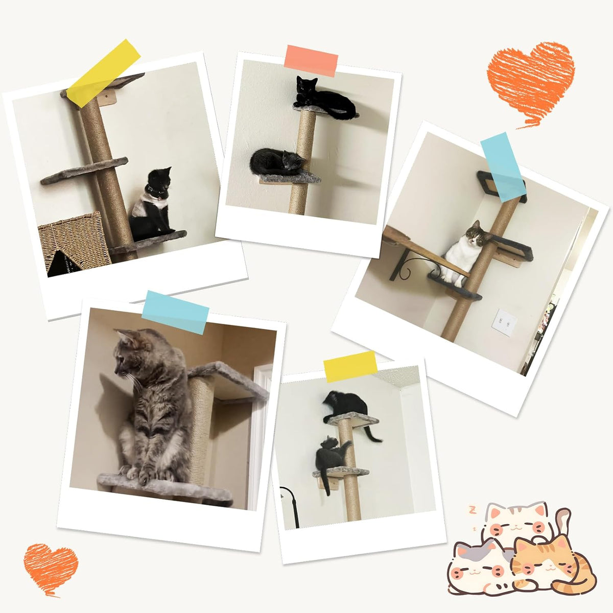PAWSCRAT 5-Tier Wall-Mounted Cat Tree, 80-Inch Sisal Cat Post, Gray