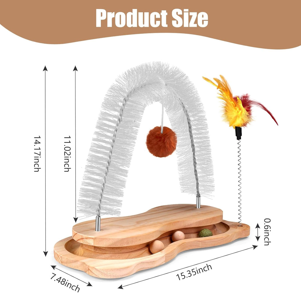 Cat Self Groomer, Cat Grooming Brush Scratcher Massager Arch for Indoor Cats Face Back Scratcher Rubbing Post Corner Brush w/ Kitten Interactive Catnip Ball Track Toy for Chasing Hunting Exercise