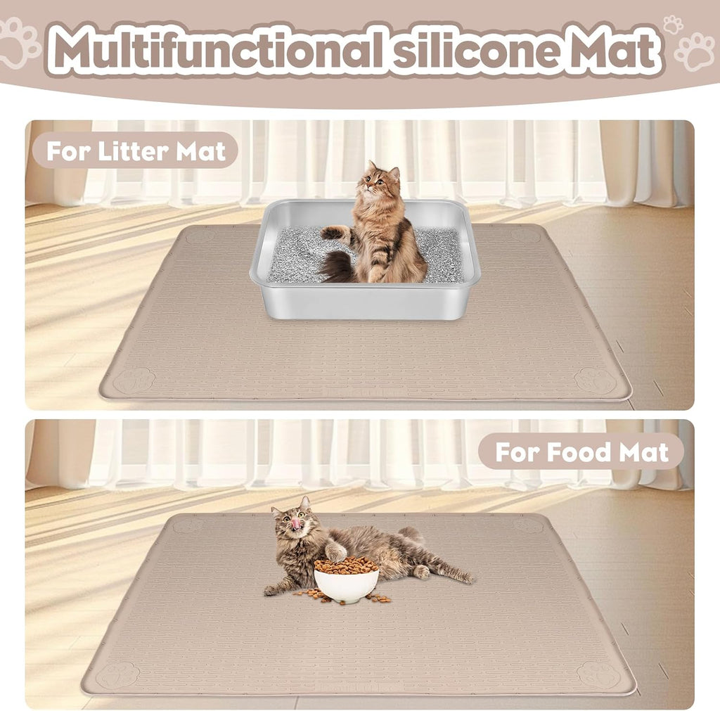Silicone Cat Litter Mat for Litter Box 40”x28” Large Cat Mat, Khaki | Waterproof, Non-Slip, Leak-Proof Rug Mat with Lip, Easy to Clean, Extra Large Litter Catcher Mat for Floor