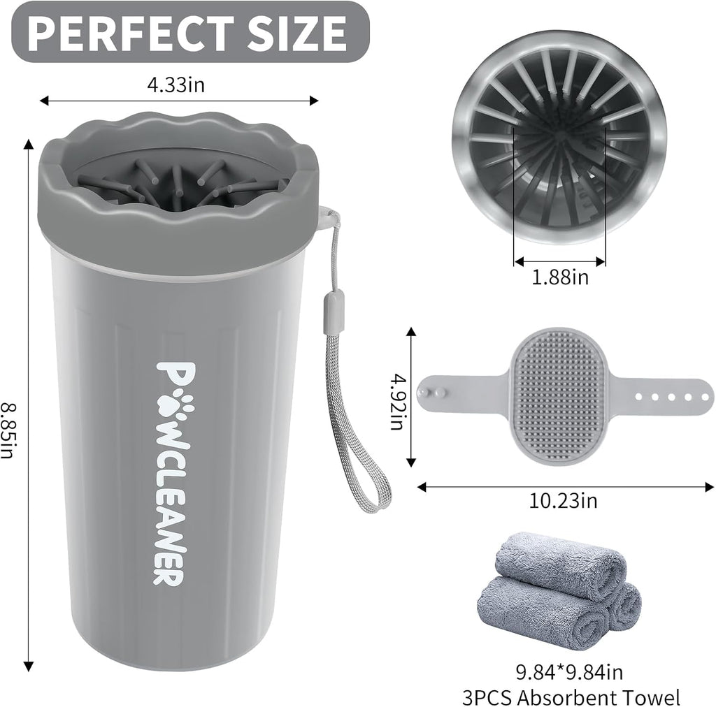 Professional 7 in 1 Dog Paw Cleaner for Dogs & Cats - Includes 1 Portable Paw Washer, 1 Bath Brush, 2 Dog Toothbrushes and 3 Absorbent Towels Note: Fits Paws 2.5 to 3.5 Inches Wide (Large, Grey)