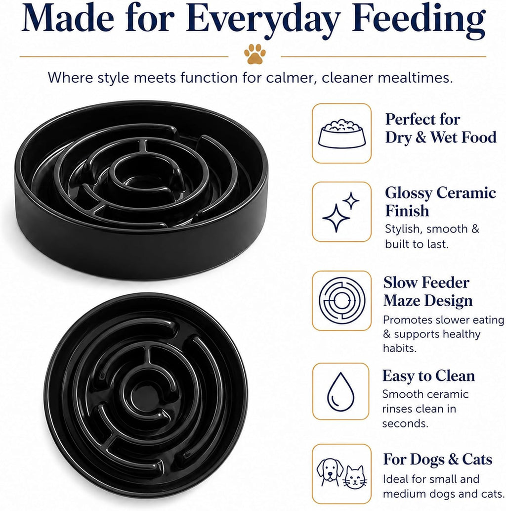 Ceramic Slow Feeder Dog Bowl, 1.5 Cup Puzzle Dish for Small Medium Dogs