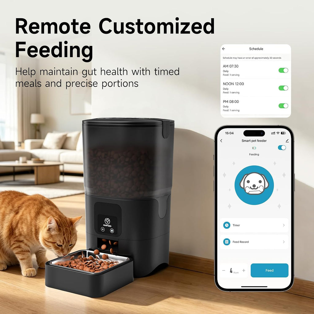 PAPIFEED Automatic Cat Feeder with App, 5G WiFi Auto Cat Feeder, 6L Slow-Feed Cat Food Dispenser for Dry Food, Dual Power Supply Timed Pet Feeder for Small Dog, 10 Meals/Day, 12 Portions/Meal, Black