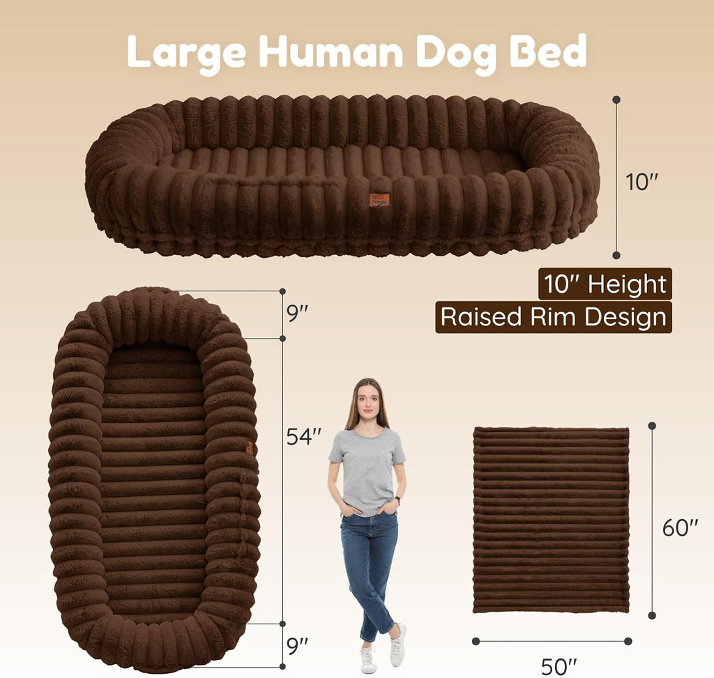 ChiXnuggle Orthopedic Human Dog Bed,Striped Faux Fur Washable Cover,Blanket
