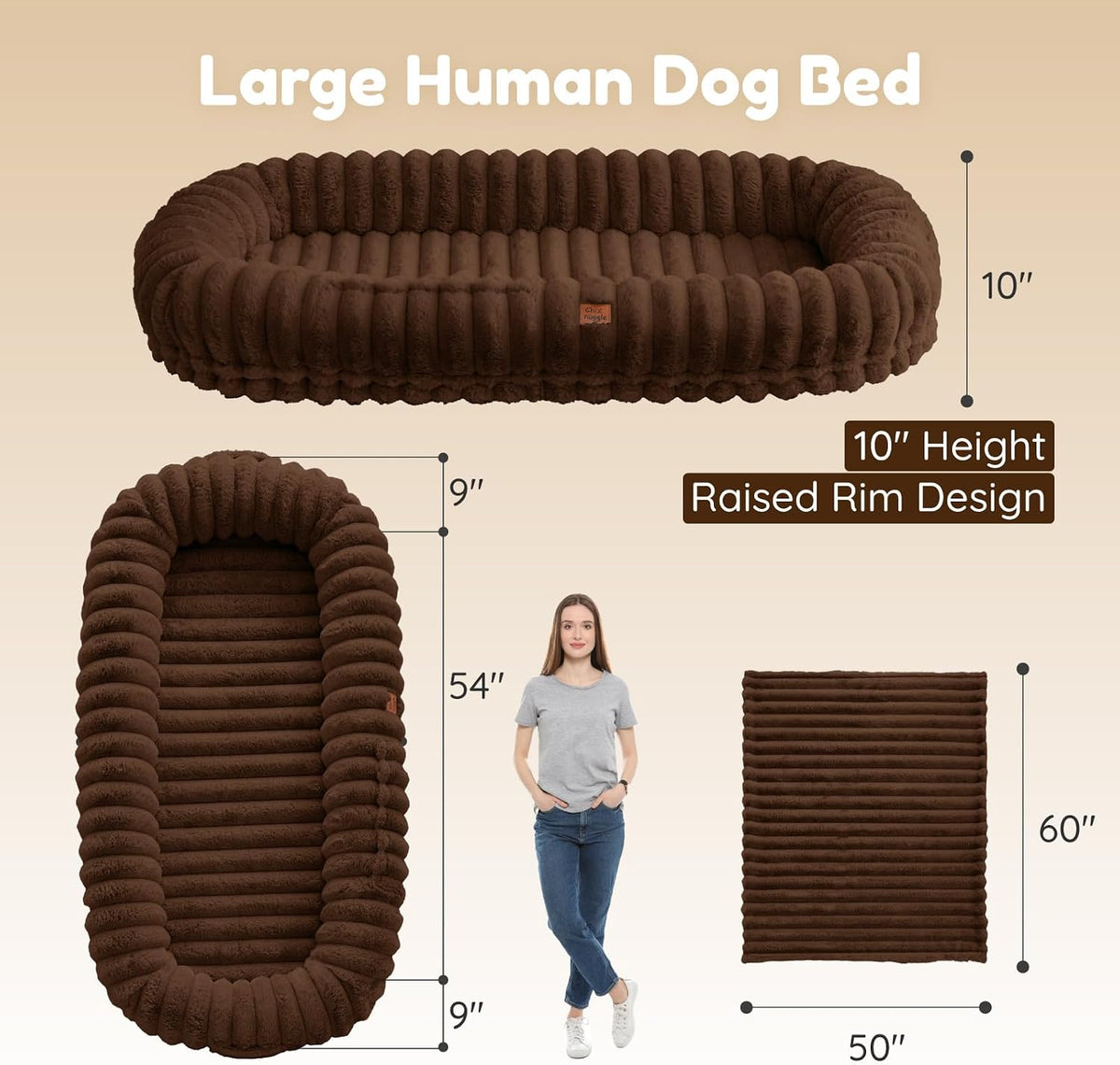 ChiXnuggle Orthopedic Human Dog Bed,Striped Faux Fur Washable Cover,Blanket