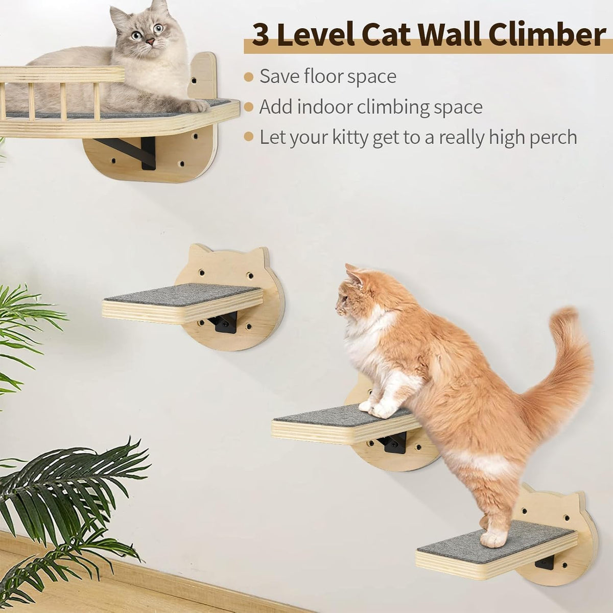 Cat Wall Shelves Furniture Set with Scratching Pad，Wooden Cat Climbing Wall Systems with 2 Perches and 3 Steps, Floating Shelves Bed Wall Mounted for Indoor Fit Up to 15Lbs (Burlywood)