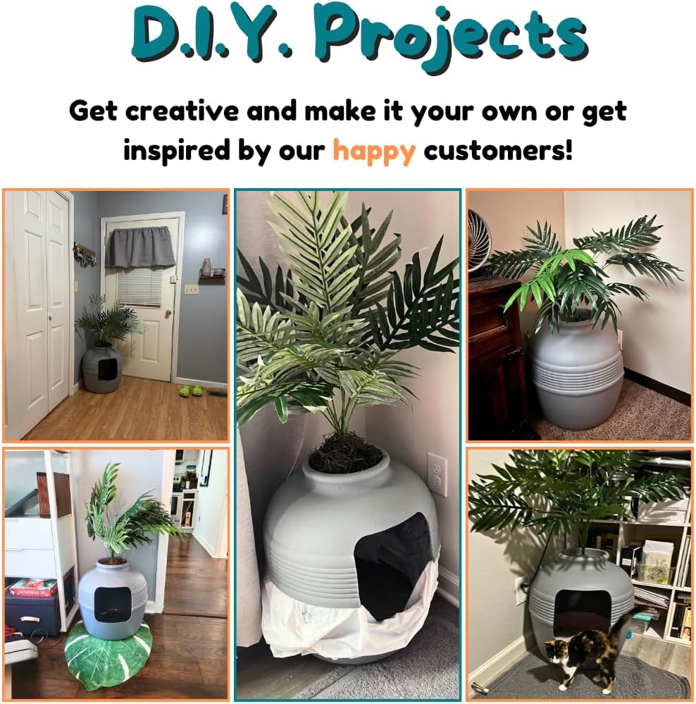 Good Pet Stuff Original Hidden Litter Box Planter, Decorative Cat Litter Enclosure, Carbon Filter, Faux Plant, Round Design, Easy Clean Litter Tray, Essentials Kit, Broad Leaf Plant, Pebble Gray