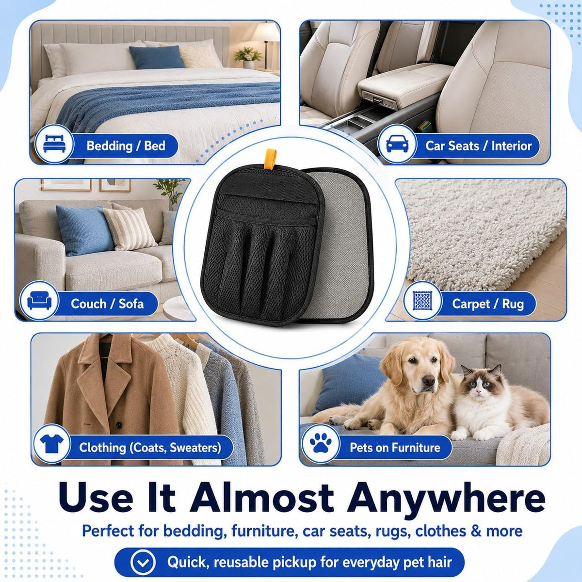 NVNAN 3 PCS Pet Hair Removal Glove and Pet Hair Remover | Groom pets and remove fur from clothes, bedding, car seats, and couches with reusable grooming and fabric gloves