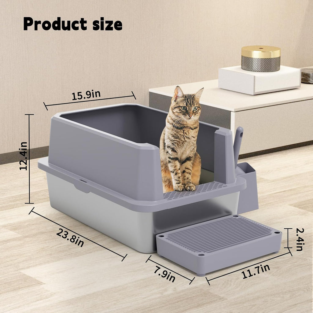 RIZZARI Open Cat Litter Box: Stainless, High Sided, Easy Clean | Spacious for Large Cats / 304 Stainless Anti-Odor / 6.5" Splash Guard / Leak-Proof Seams / Apartments & Laundry
