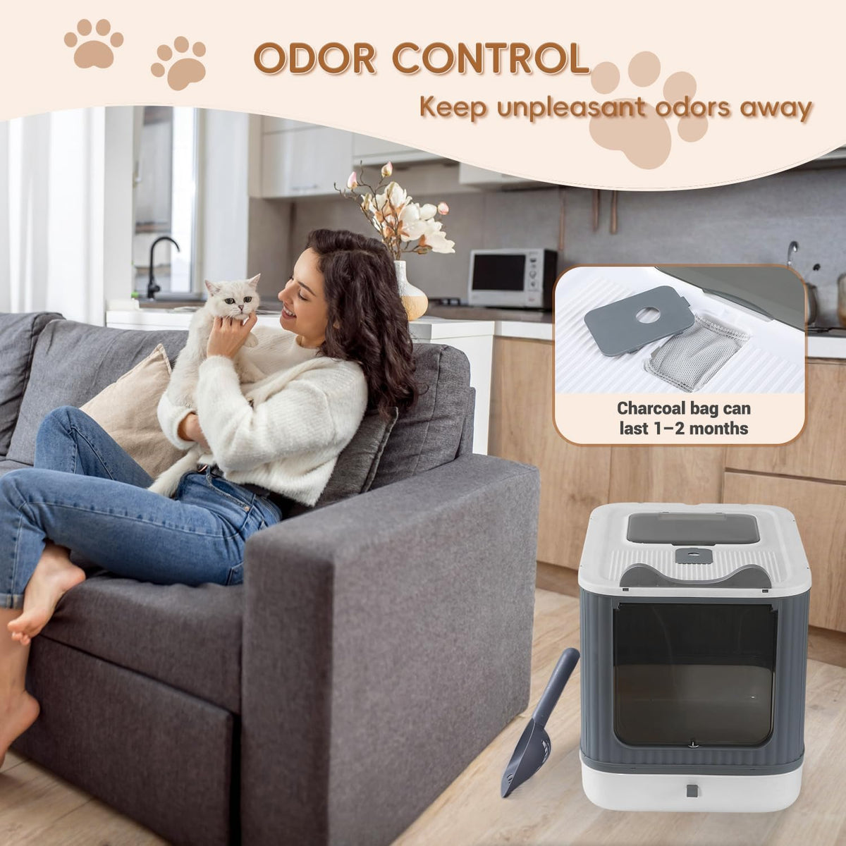 Foldable Enclosed Cat Litter Box with Lid, for Kitten to Medium, Gray-White