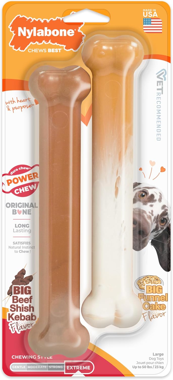 Nylabone Power Chew Original Bone Dog Chew Toys, Large, 2 Count | Funnel cake and shish kabob flavors, durable chew toys, discourages destructive chewing, for dogs up to 50 pounds