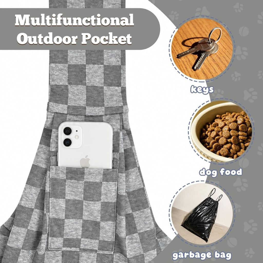 Dog Sling Carrier for Small Dogs and Cats 5–16 lbs, Puppy Carrier Sling with Safety Hook and Storage Pocket, Hands Free Pet Carrier Purse for Travel, Walking, Shopping (Grey Check)