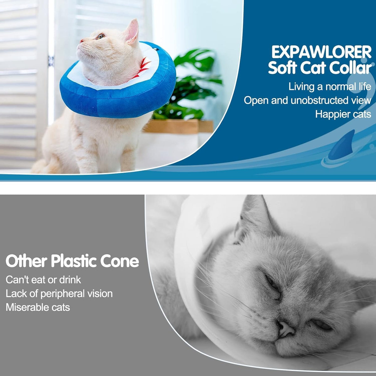 EXPAWLORER Cat Cone Collar Soft, Cat Recovery E Collar After Surgery to Stop Licking, Adjustable Waterproof Neck Elizabethan Pet Kitten Puppy Donut Pillow for Cats Wound Healing, Blue Shark