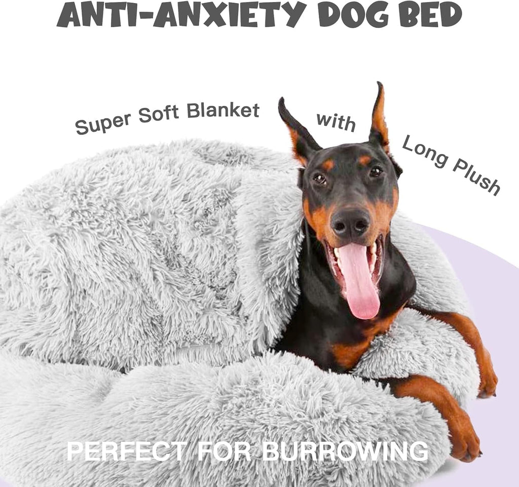 Himax Covered Large Dog Bed with Blanket Attached Calming Burrow Light Grey
