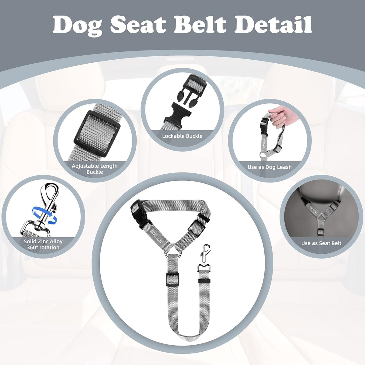 BWOGUE 2 Pack Dog Seat Belt for Car, Headrest Restraint Strap Set, Gray