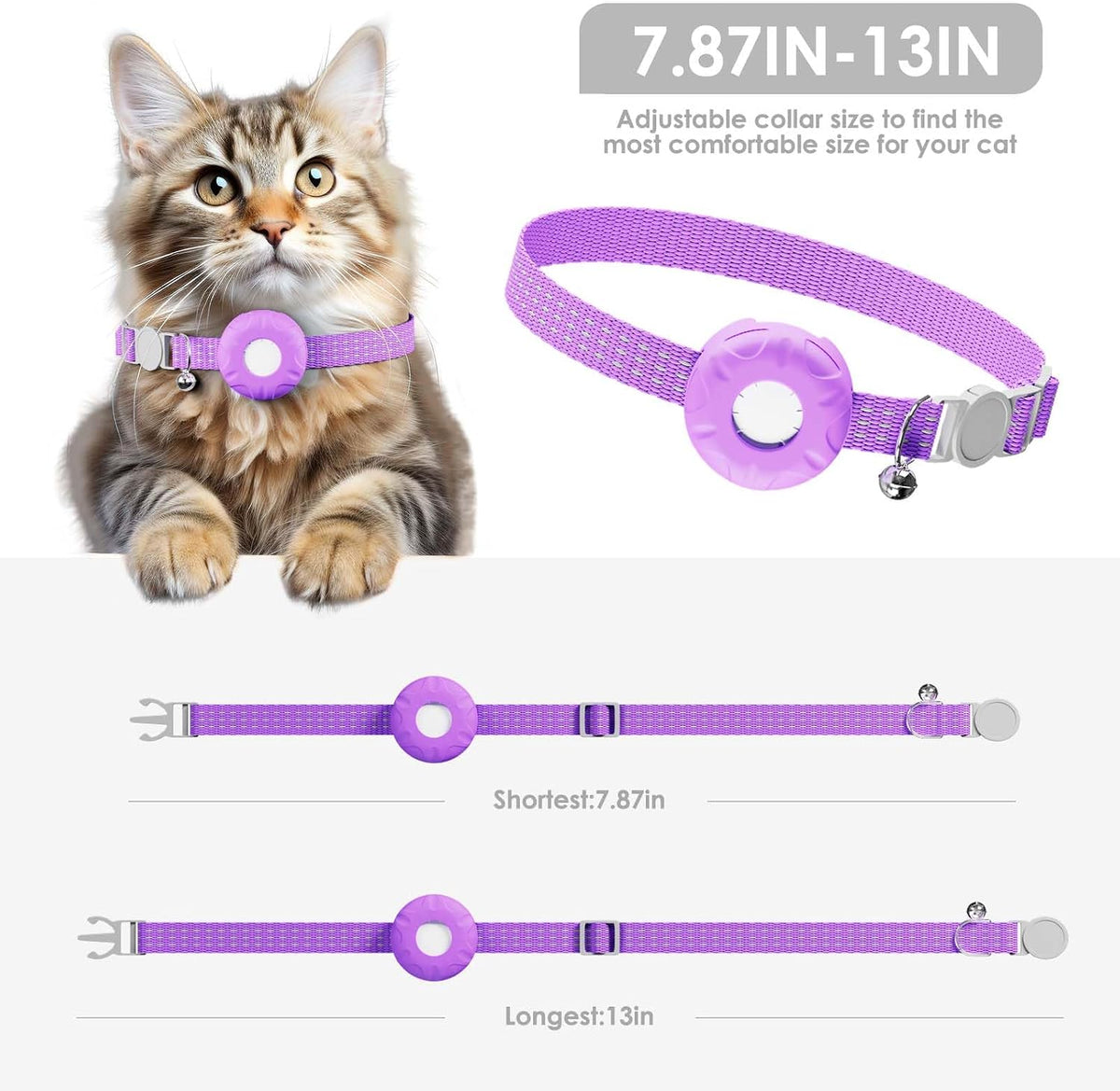 Cat Tracker, GPS Tracker, Compatible with Apple Find My App(Only iOS), Waterproof Cat Tracker Collar with Bell and Safety Elastic Buckle, No Monthly Subscription Fee, Up to 1-Year Battery, Purple
