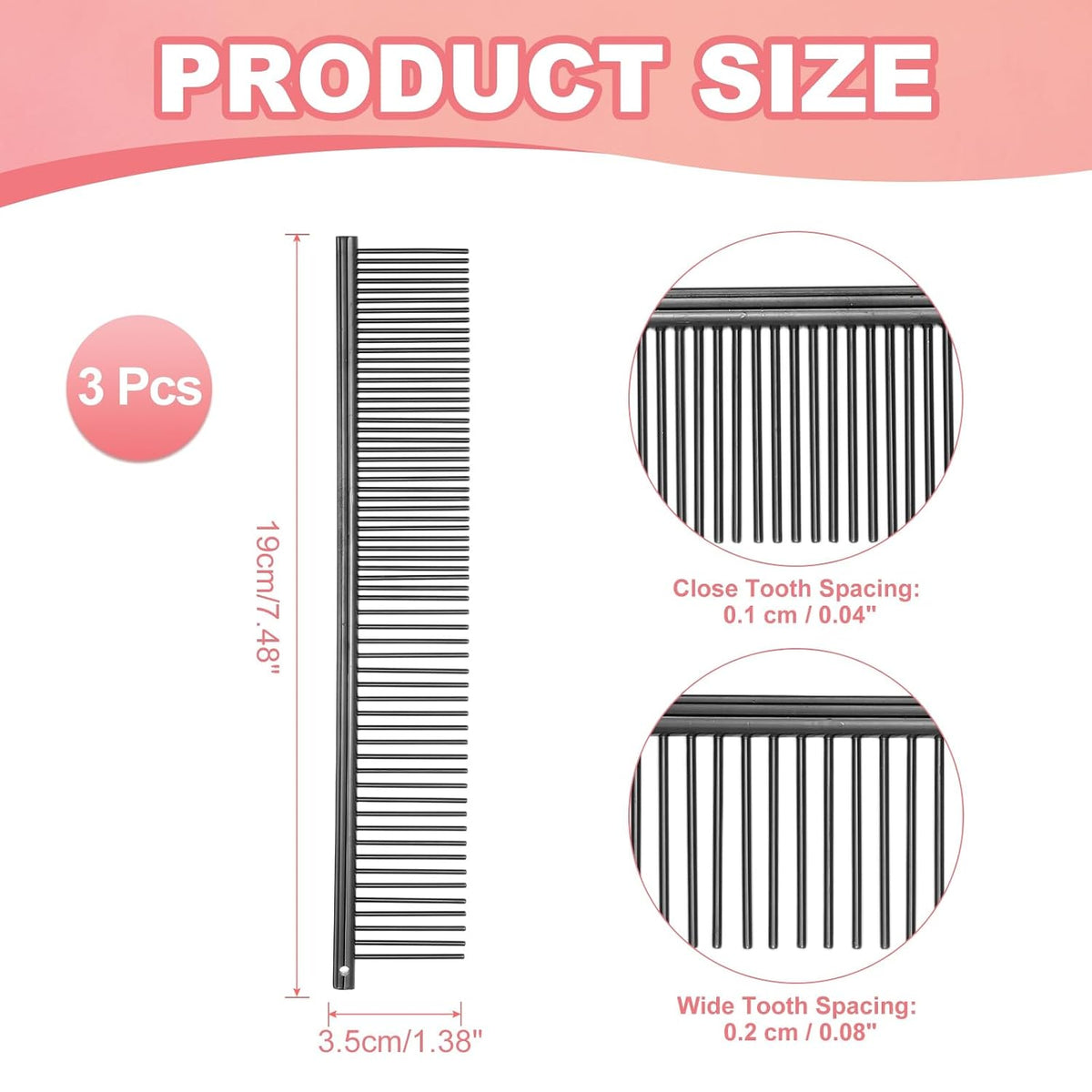 Dog Cat Comb, Pet Combs Stainless Steel Teeth with Rounded Ends for Knots Mats Loose Hair Removal, 7.5IN (Black Plated, 3 Pack), Grooming Tool Intended for Long Curly Hair Pet