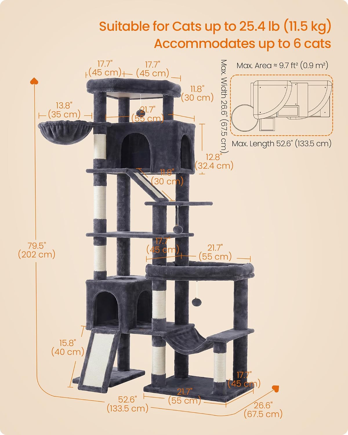 Feandrea Cat Tree, 79.5" Heavy Duty Cat Tower Condo for Indoors, Dark Gray