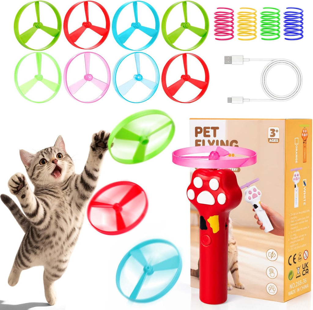 BABORUI Cat Toy Disc Launcher, Rechargeable Interactive Cat Fetch Toy Launcher with 8 Flying Discs, Flying Enrichment Toys for Indoor Bored Kittens & Adult Cats (Red)