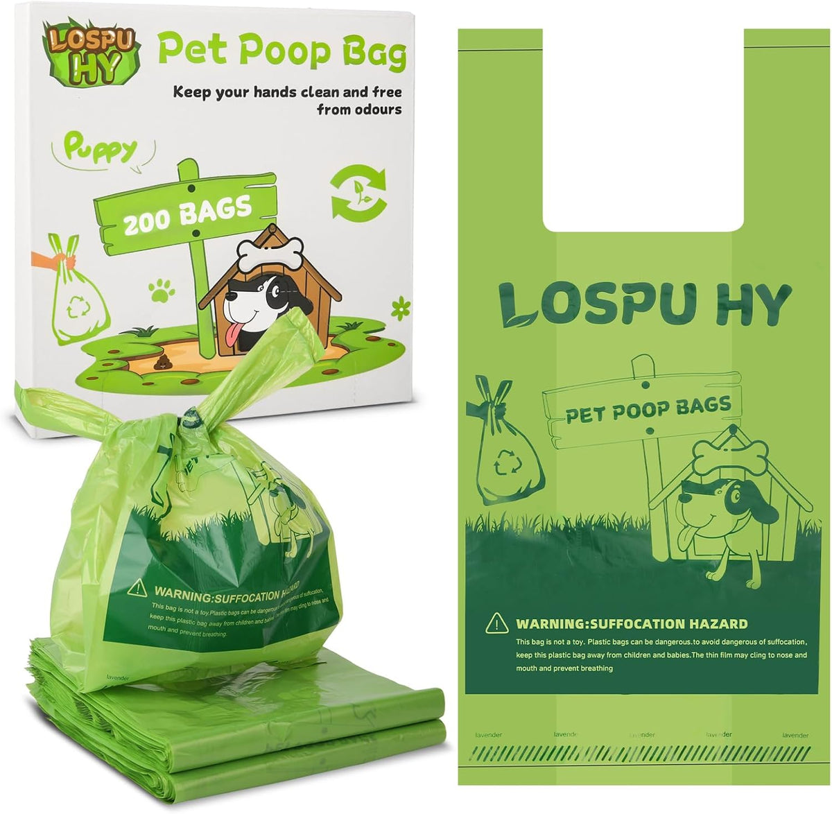 Poop Bags for Dogs, 200 Count Dog Poop Bags with Handles, Extra Thick Strong Leak Proof Doggie Waste Bag for Waste Refuse Cleanup, Outdoor Puppy Walking and Cats Litter