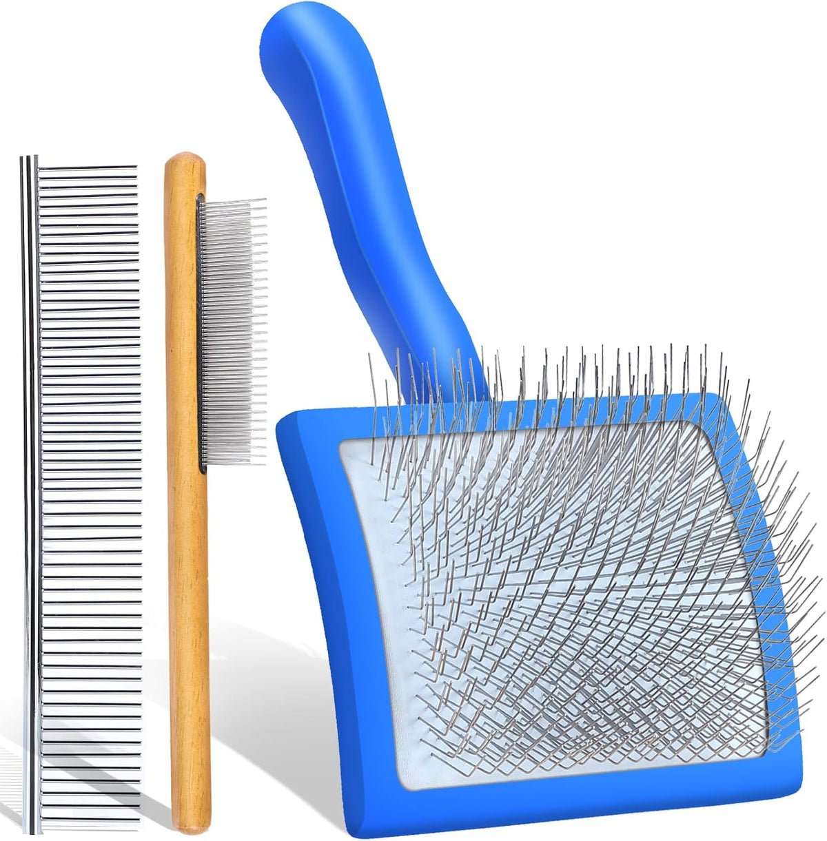 3-in-1 Long Pin Slicker Brush Set, Pet Grooming Kit, Blue