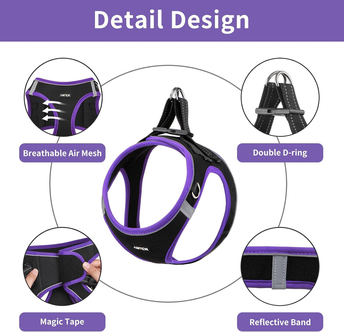 AMTOR Small Dog Harness with Leash Set, No Escape Easy Walk Puppy Harnesses for Training Walking, Step-in Reflective Soft Dogs Vest for XS S Medium Extra-Small Large Sized Dog(Black/Purple,XS)