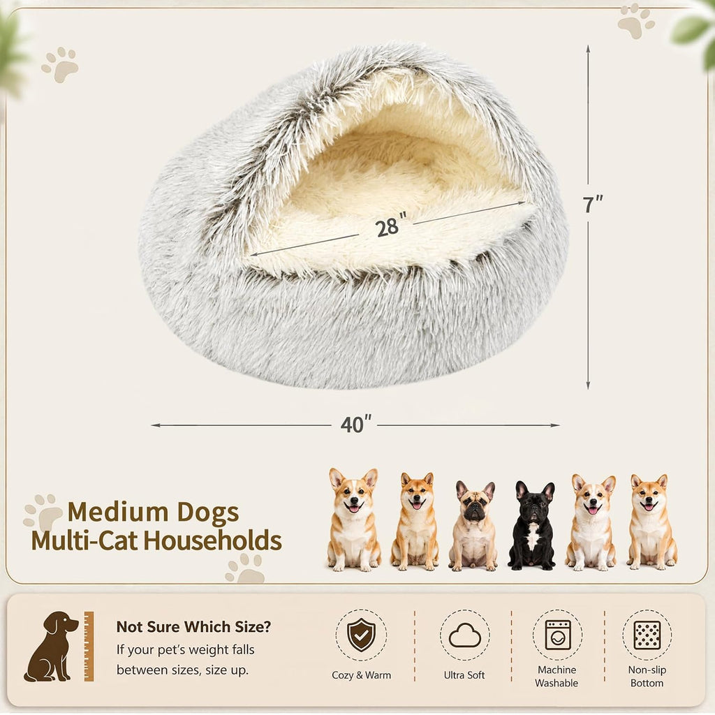 ShinHye Round Plush Fluffy Hooded Cat Bed Cave, Cozy for Indoor Cats or Small Dogs, Waterproof Bottom, Washable（40 in）