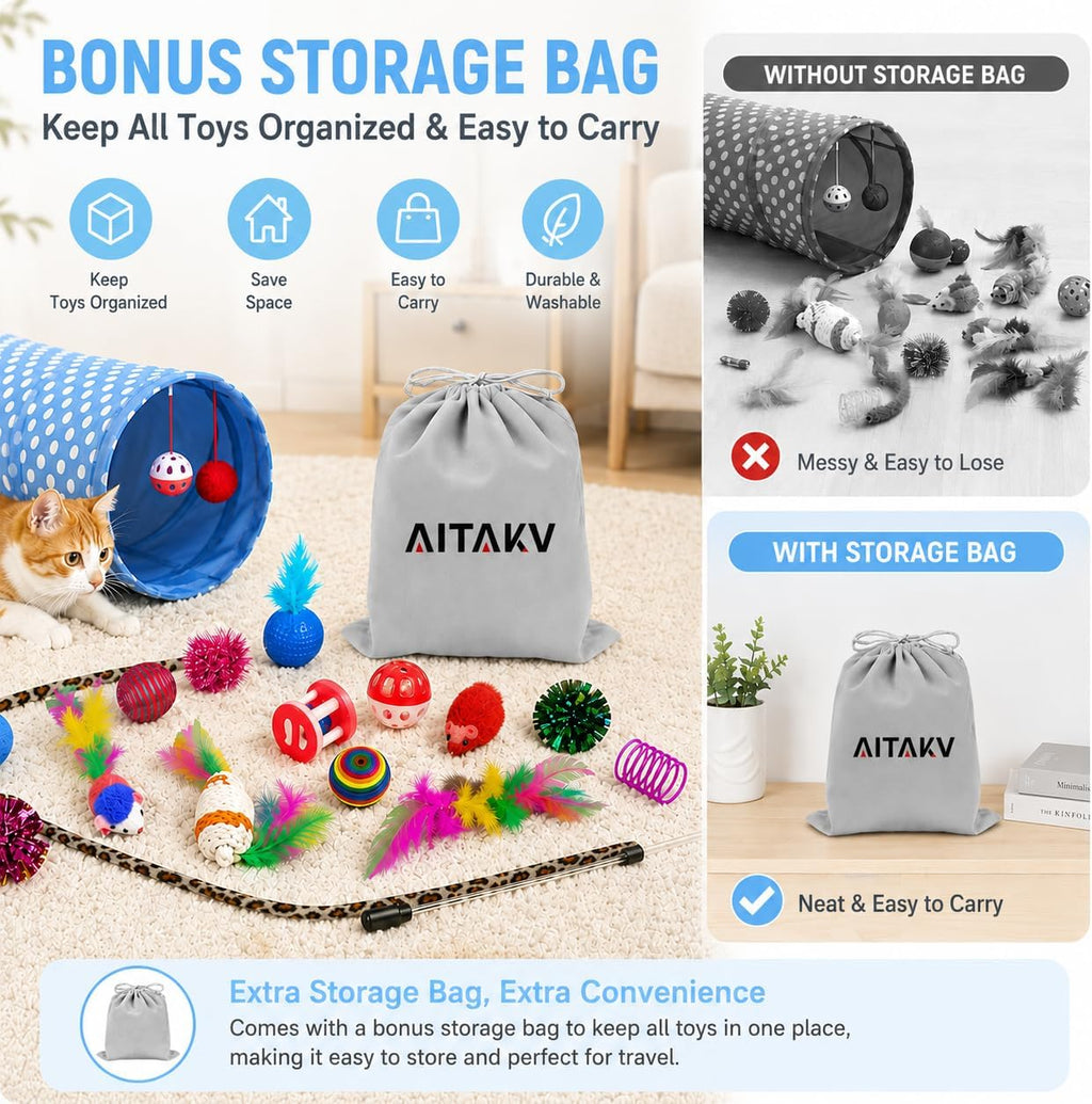 AILUKI 35PCS Cat Toys Variety Pack for Indoor Cats, Kitten Toys Cat Tunnel | Kitten Toys for Indoor Kittens Cat Toy Bundle Set with Feather Wand, Plush Mice, Crinkle Balls & Interactive Cat Toys Bundle