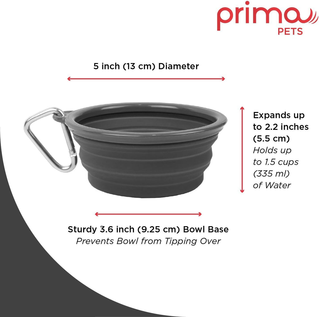 Prima Pet Collapsible Silicone Water Travel Bowl with Clip for Dog and Cat, Portable and Durable Pop-up Feeder for Convenient On-the-go Feeding - Size: Small (1.5 Cups) Grey 
