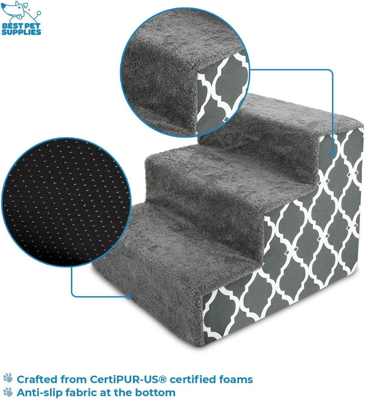 Best Pet Supplies Dog Stairs & Steps - Foam Steps for Small Dogs & Cats, Non-Slip Indoor Balanced Pet Step Support, Dog Ramp, No Assembly, Gray Lattice Print, 3-Step (13.5-inch Height)