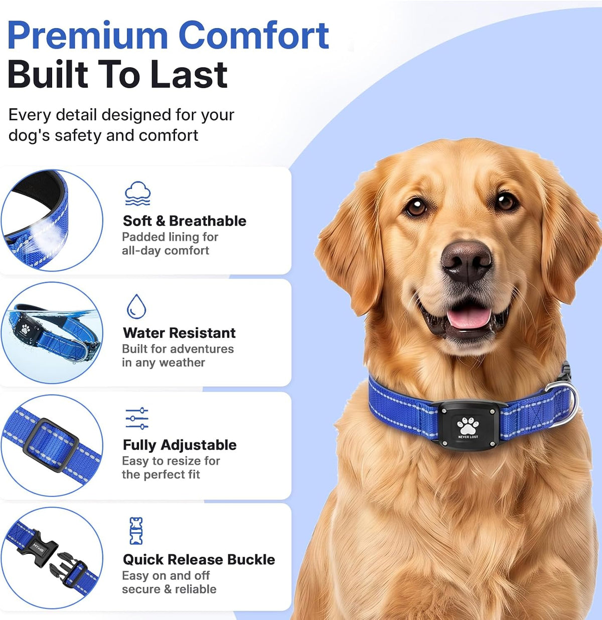 GPS Dog Collar with Tracker, Waterproof, No Monthly Fee, Blue, S