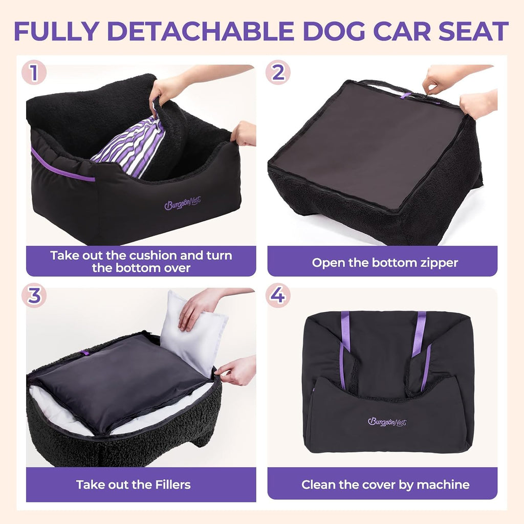 BurgeonNest Dog Car Seat for Small Dogs & Cats Under 25 lbs, Black Purple