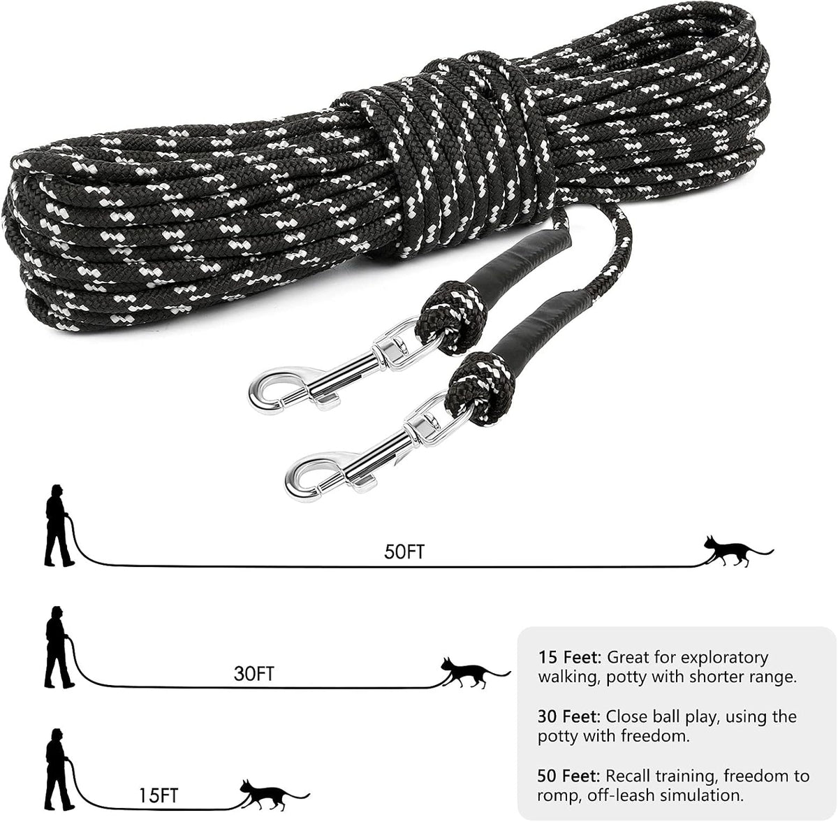 Reflective Cat Long Leash 30 FT, Outdoor Backyard Cat Tie Out Lead, Black