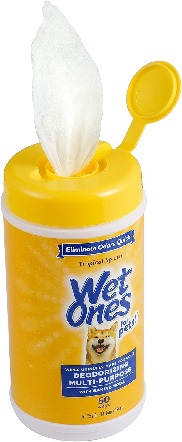 Wet Ones for Pets Deodorizing Dog Wipes, Tropical Splash, 50 Count, 12-Pack | Baking soda formula, multipurpose grooming wipes, resealable canister, for daily deodorizing use, gentle 