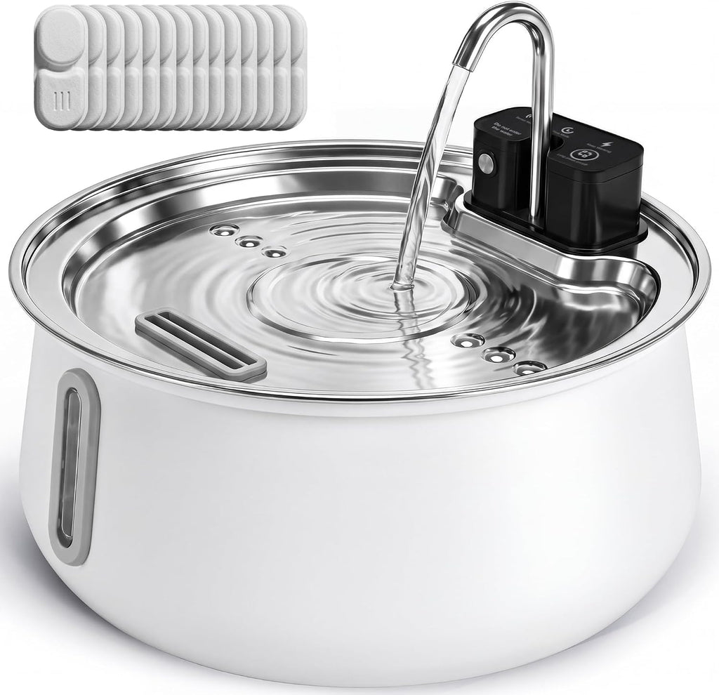 Cattasaurus 135oz Wireless Cat Water Fountain, 304 Stainless Steel Automatic Water Dispenser for Cats, Ultra Quiet, Smart Sensor, 6-Layer Filtration (White, Fountain + 14 Filters (3-Month Supply))