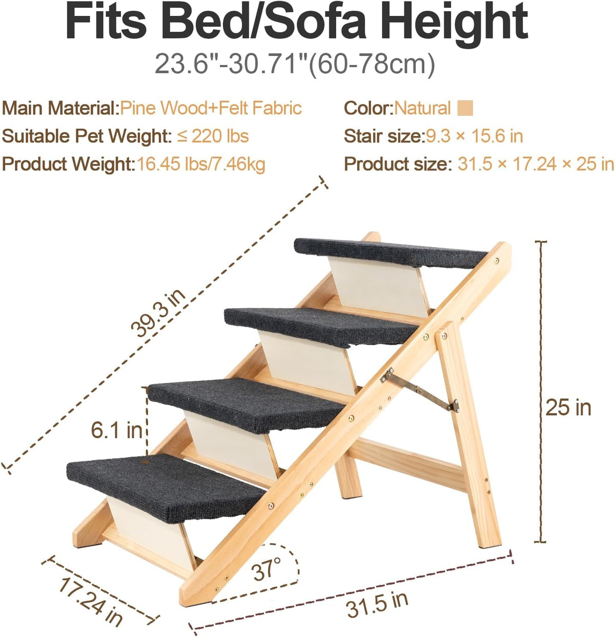 MEWANG Wood Pet Stairs, 4-Step Dog Stairs for Beds, Couches & Cars, 25" H