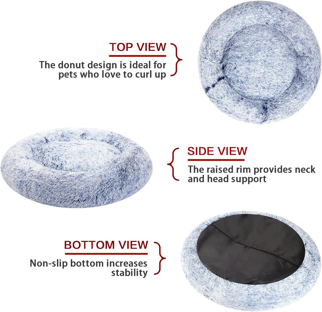 Bedfolks Calming Fluffy Donut Dog Bed for Small Dogs,Navy Blue, 23" Round