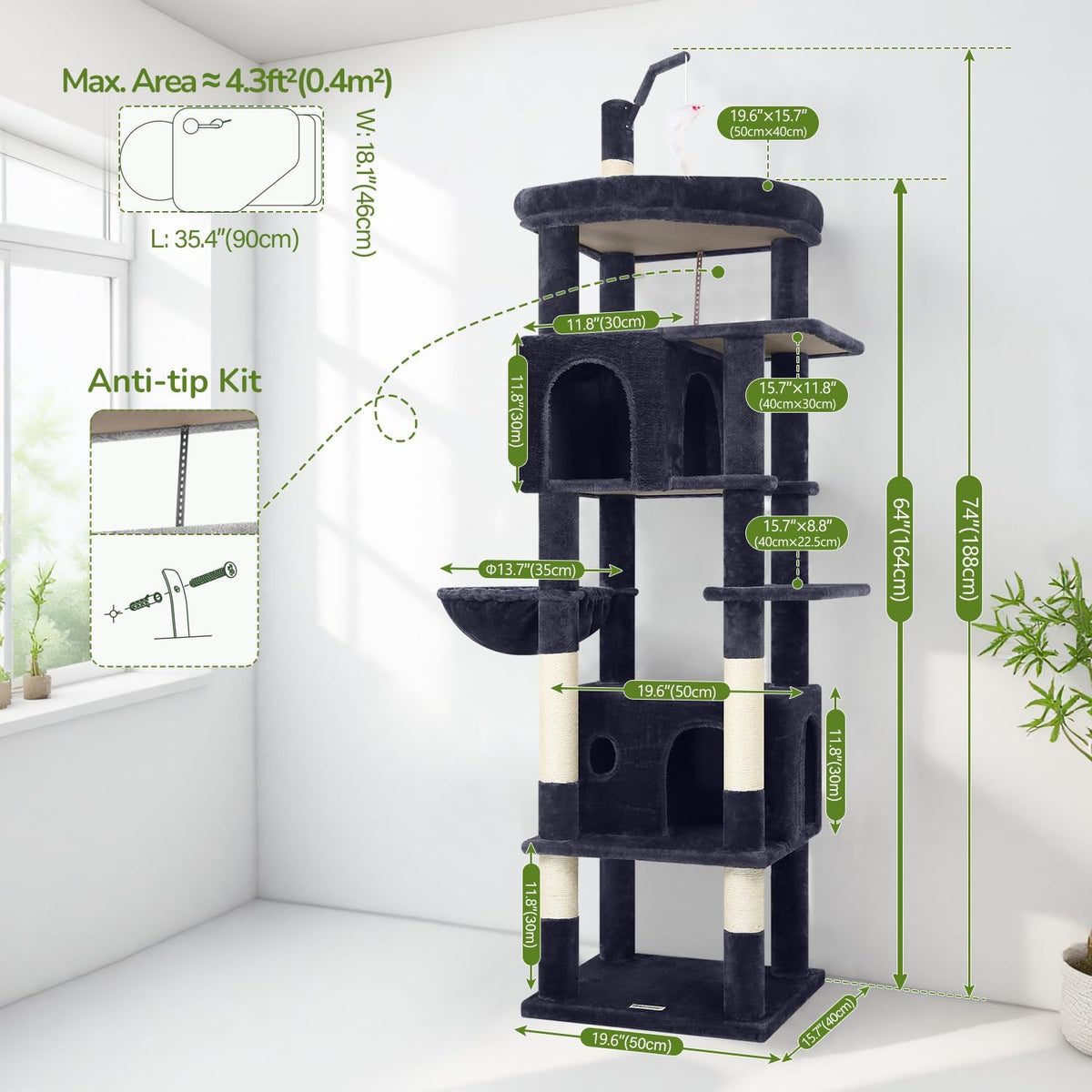 Globlazer Cat Tree for Large Adult Cats, Heavy Duty Indoor Cat Tower, F74B