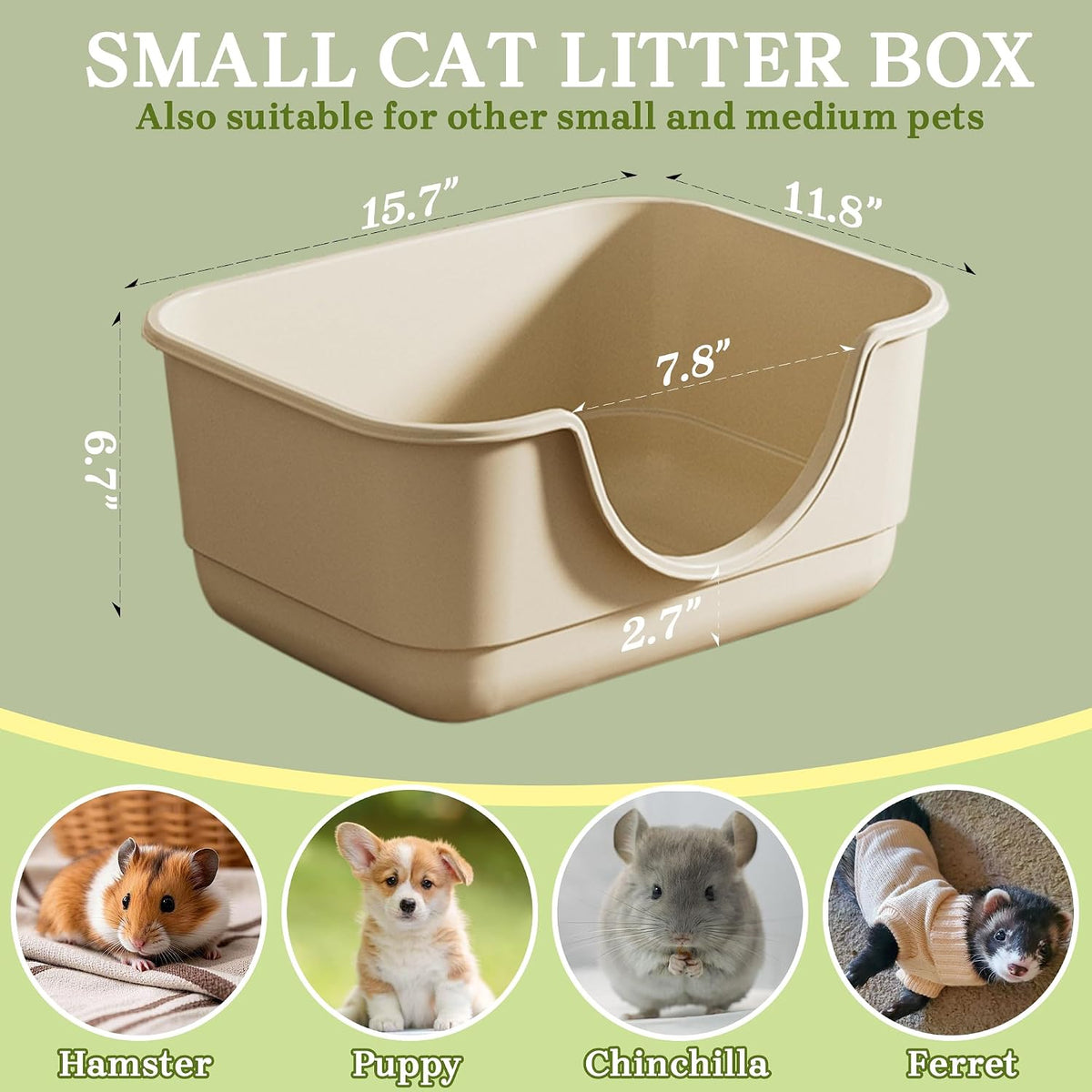 2 Pack Low Entry Small Litter Box for Kittens, Kitty Plastic Litter Boxes, Open Top, Anti-Splash High Sided Litter Tray Pan for Medium Pets, Puppy, Easy to Clean, 15.7"L*11.8"W*6.7"H (Beige)