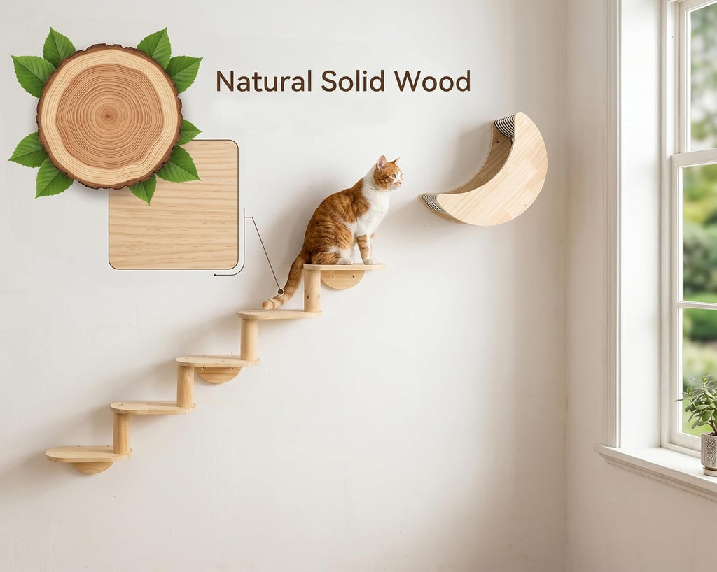 Cat Wall Shelves, Solid Wood Moon Bed, 5-Step Stairs for Vertical Climbing