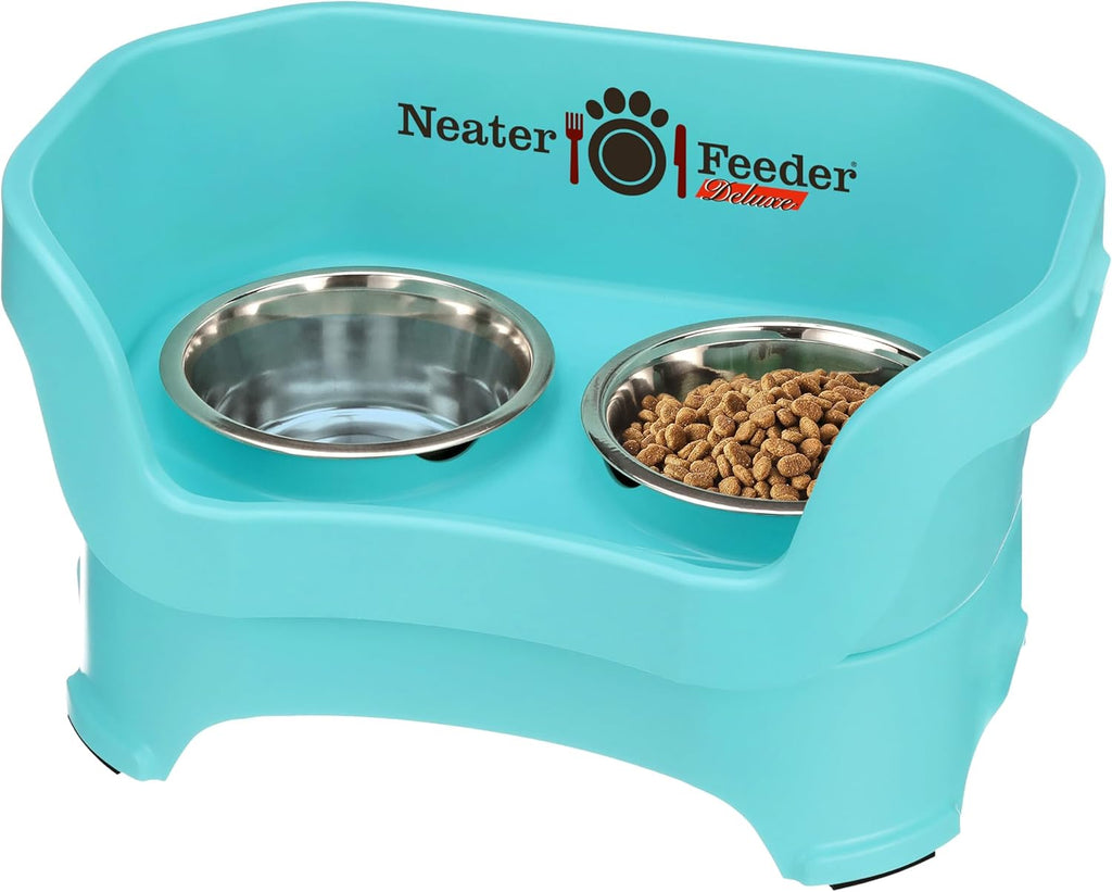 Neater Pet Brands Neater Feeder Deluxe Mess Proof Dog Bowls Elevated for Medium Dogs 19-40 lbs, Made in USA, No Spill Raised Dog Food Bowl Stand Feeding Station, Food and Water Bowl Set, Aquamarine 