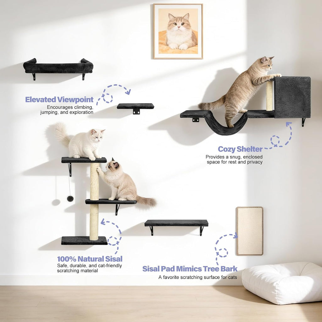 Cat Wall Shelves, Black, 6 in 1 Cat Furniture Set