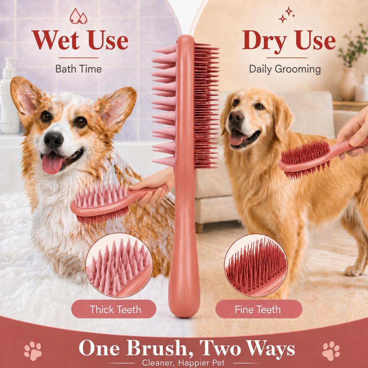 Dog Brush for Shedding, Long Handle Silicone Dog Bath Brush for Dogs and Cats, Dog Shampoo Brush and Scrubber for Bath, Pet Grooming Brush for Wet Dry Massage and Deshedding