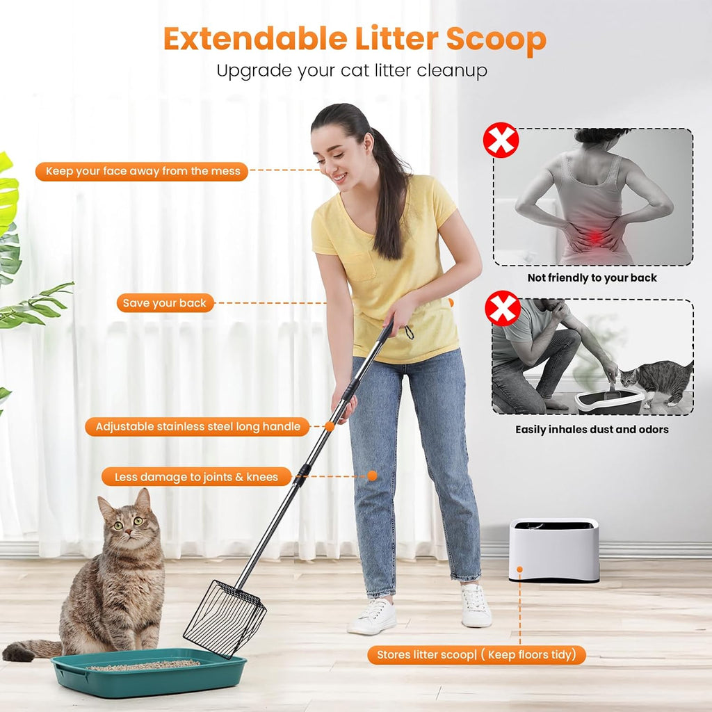 PETOCAT Cat Litter Scoop 43 inch Metal Litter Scooper with Stainless Steel Long Handle, Upgraded Large Kitty Box Scooper Heavy Duty Deep Shovel for Fast Sifting, Dog Waste Scooops for Outside Pet Poop