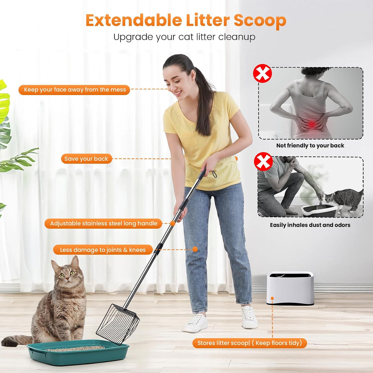 PETOCAT Cat Litter Scoop 43 inch Metal Litter Scooper with Stainless Steel Long Handle, Upgraded Large Kitty Box Scooper Heavy Duty Deep Shovel for Fast Sifting, Dog Waste Scooops for Outside Pet Poop
