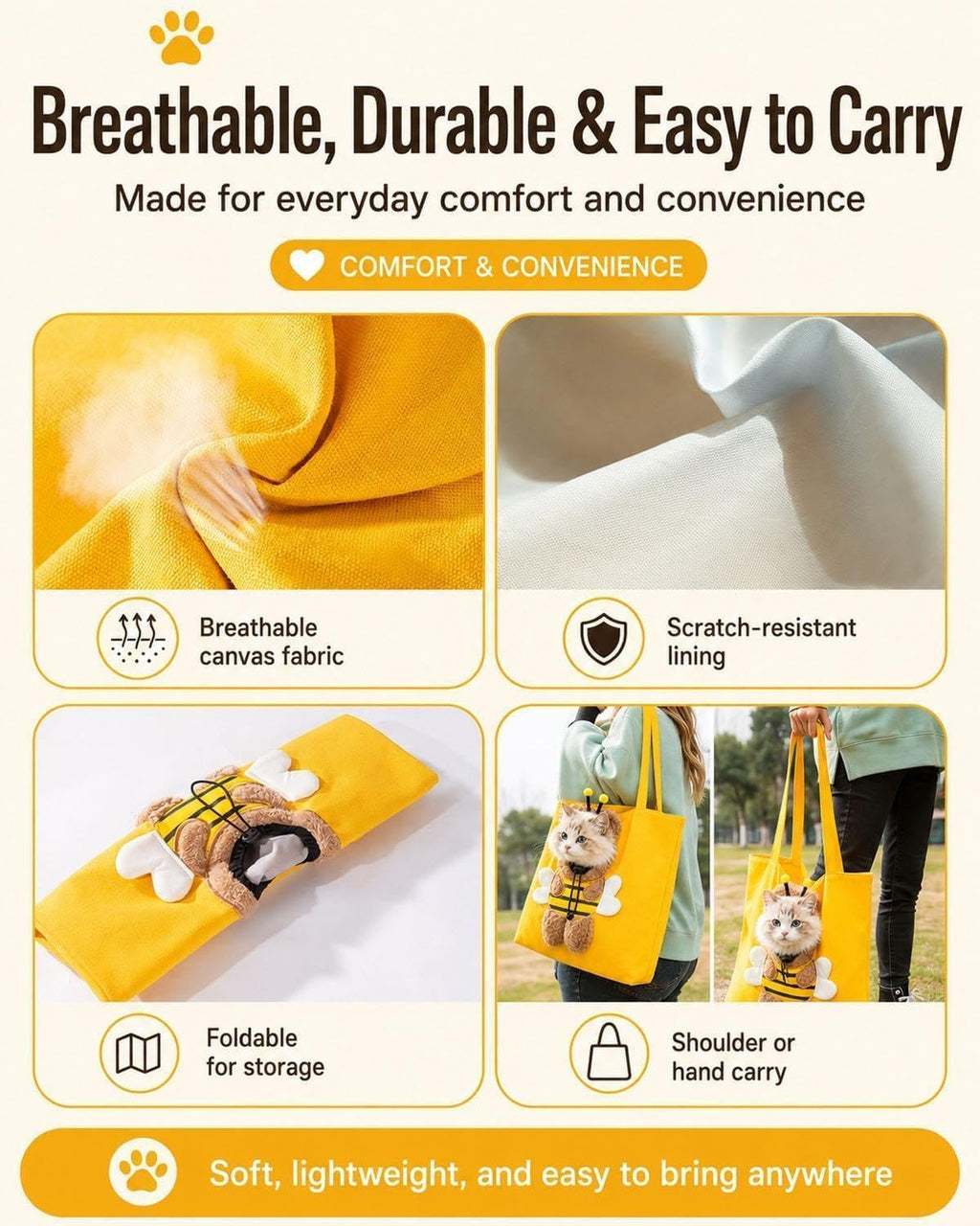Breathable Pet Canvas Shoulder Carrier, Cat Dog Tote | Colorful Animal Shapes Carrying Bag with Head-Out Design Adjustable Neck Small Dog-Yellow